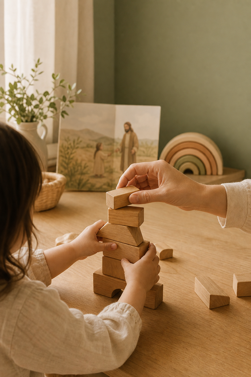 Parent and child building wooden blocks together